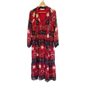 Loft Red/Blue/Black Floral Bow Tiered Midi Boho Chic Lined LS Poly Dress Size L